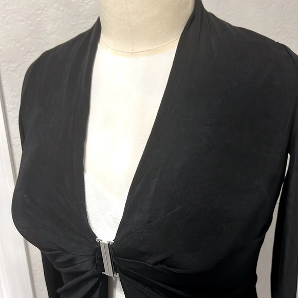 Chico's | Long Black Slinky Cardigan with Silver Clasp at Waist - Picture 14 of 16